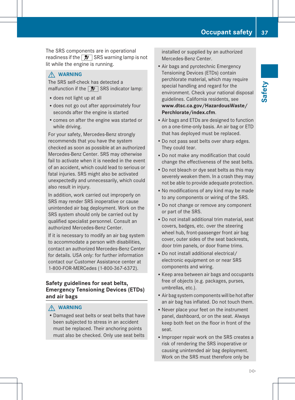 Safety, Occupant safety | Mercedes-Benz SLK-Class 2012 Owners Manual User Manual | Page 39 / 334