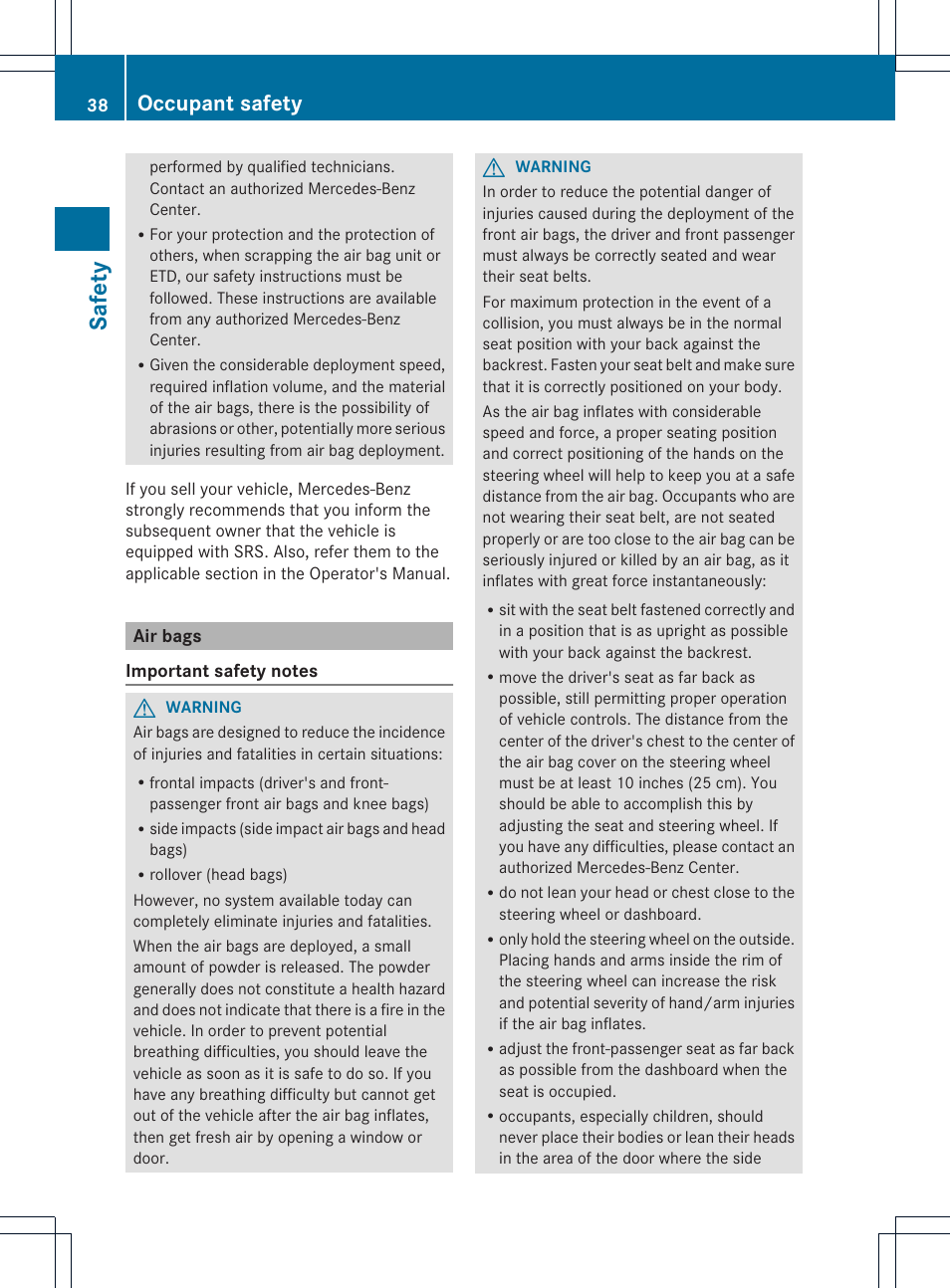 Safet y, Occupant safety | Mercedes-Benz SLK-Class 2012 Owners Manual User Manual | Page 40 / 334