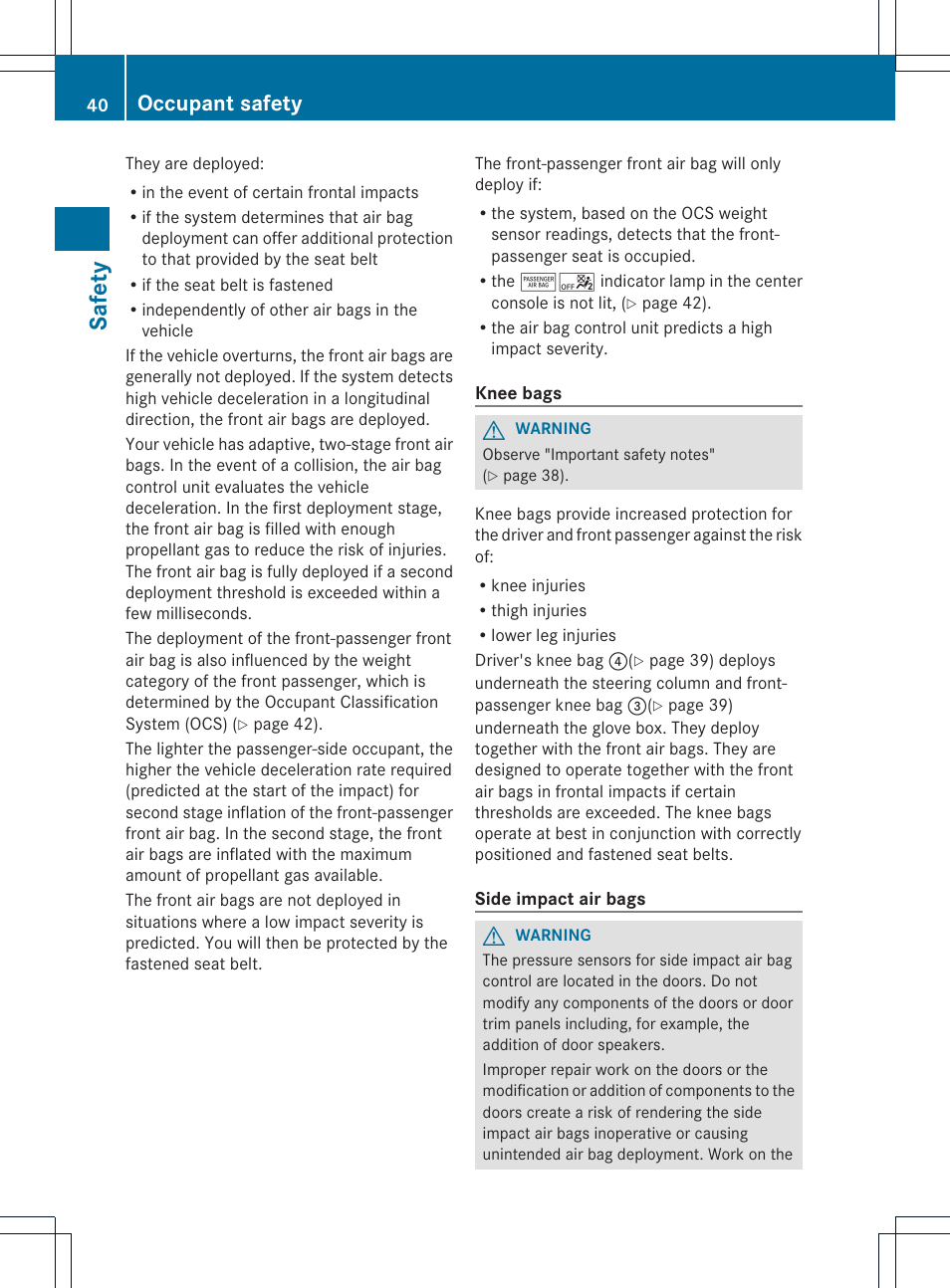 Safety, Occupant safety | Mercedes-Benz SLK-Class 2012 Owners Manual User Manual | Page 42 / 334