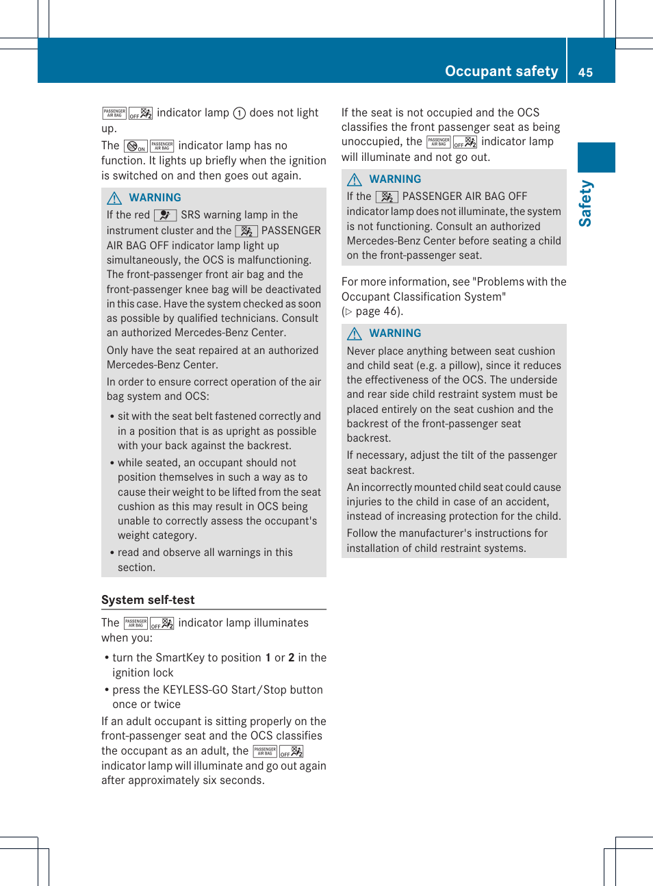 Safety, Occupant safety | Mercedes-Benz SLK-Class 2012 Owners Manual User Manual | Page 47 / 334