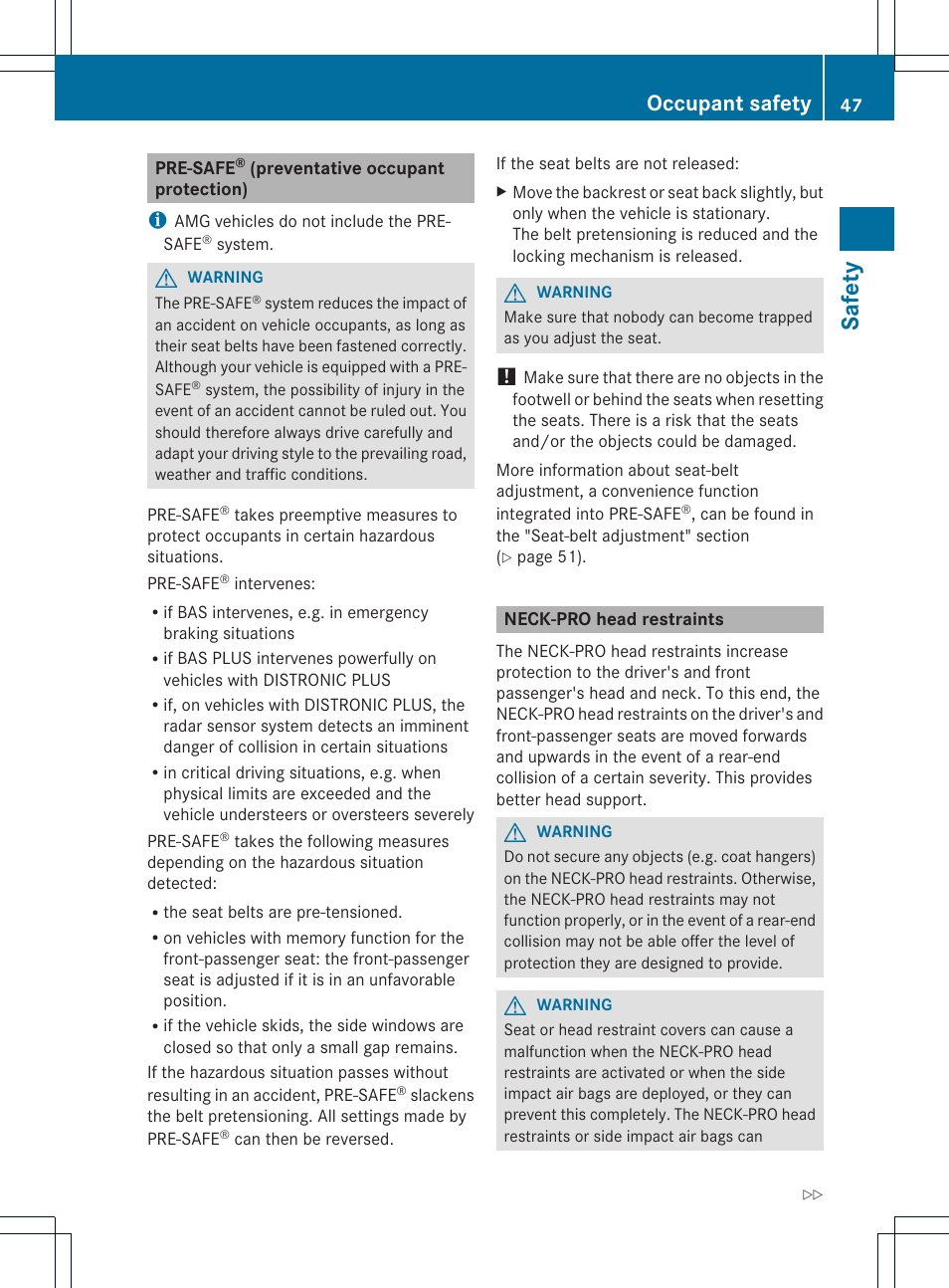 Safety, Occupant safety | Mercedes-Benz SLK-Class 2012 Owners Manual User Manual | Page 49 / 334