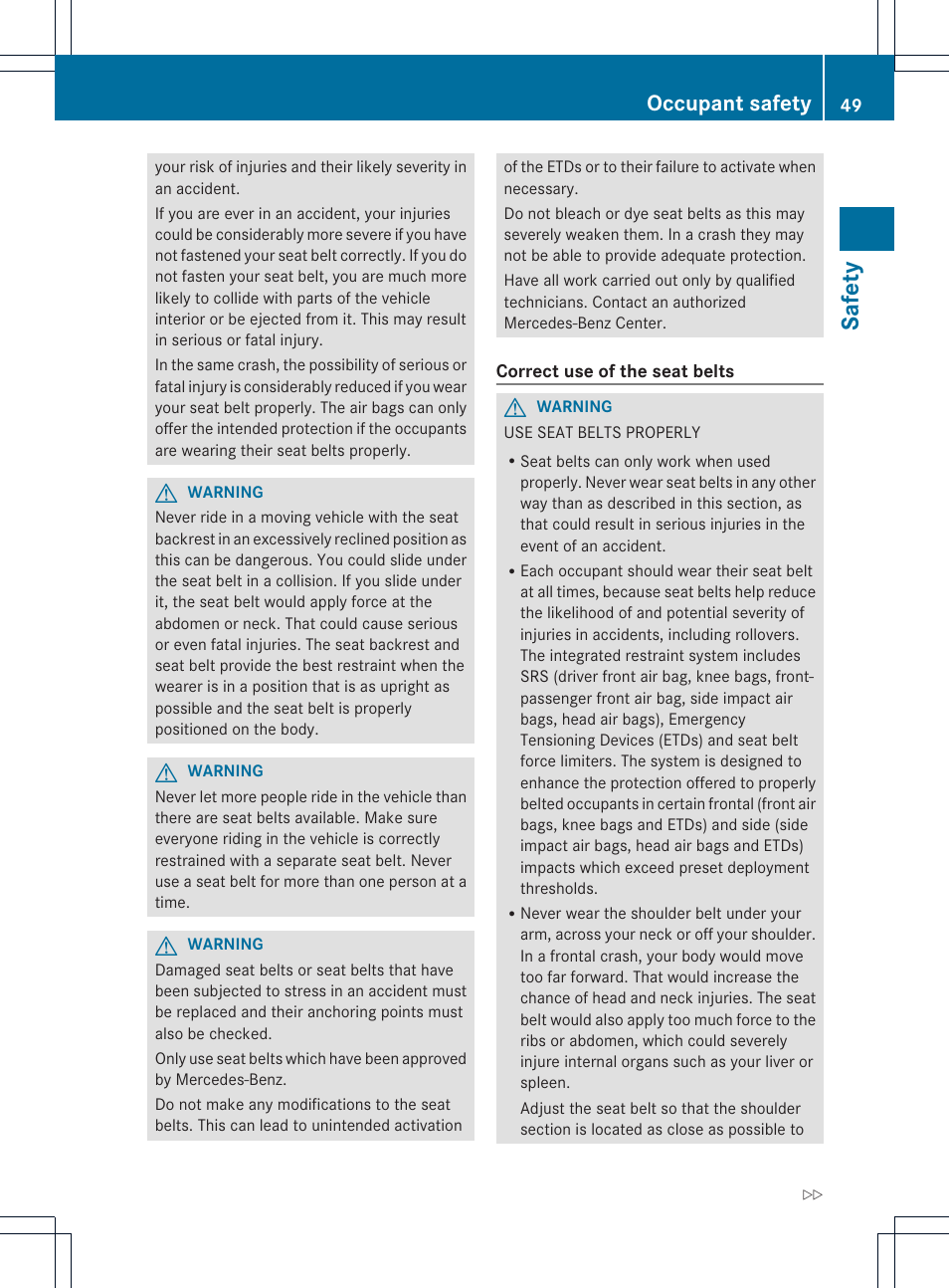 Safety, Occupant safety | Mercedes-Benz SLK-Class 2012 Owners Manual User Manual | Page 51 / 334