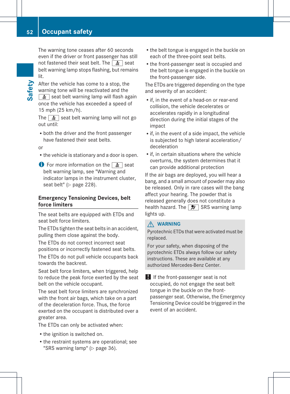 Safet y, Occupant safety | Mercedes-Benz SLK-Class 2012 Owners Manual User Manual | Page 54 / 334