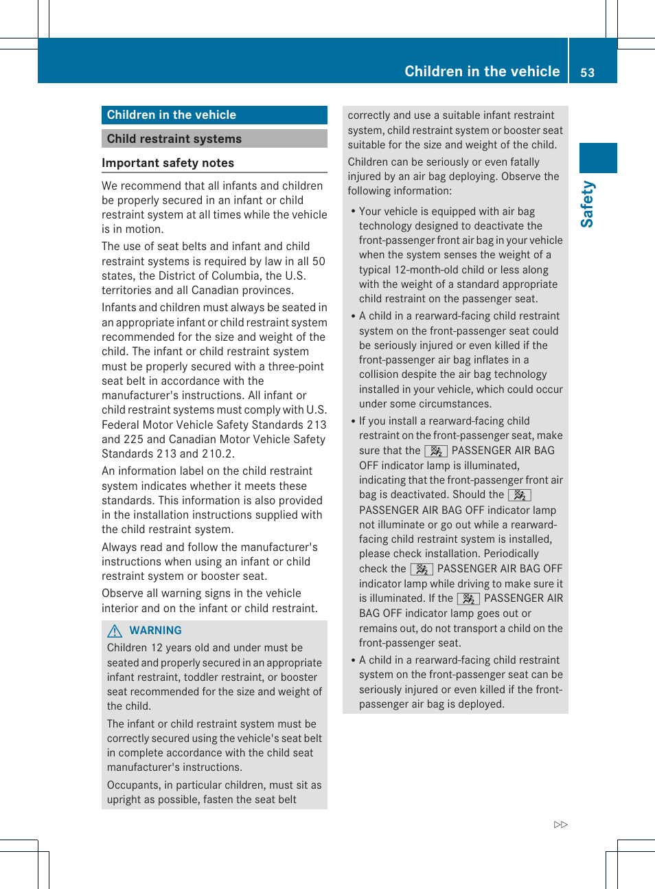 Safety, Children in the vehicle | Mercedes-Benz SLK-Class 2012 Owners Manual User Manual | Page 55 / 334
