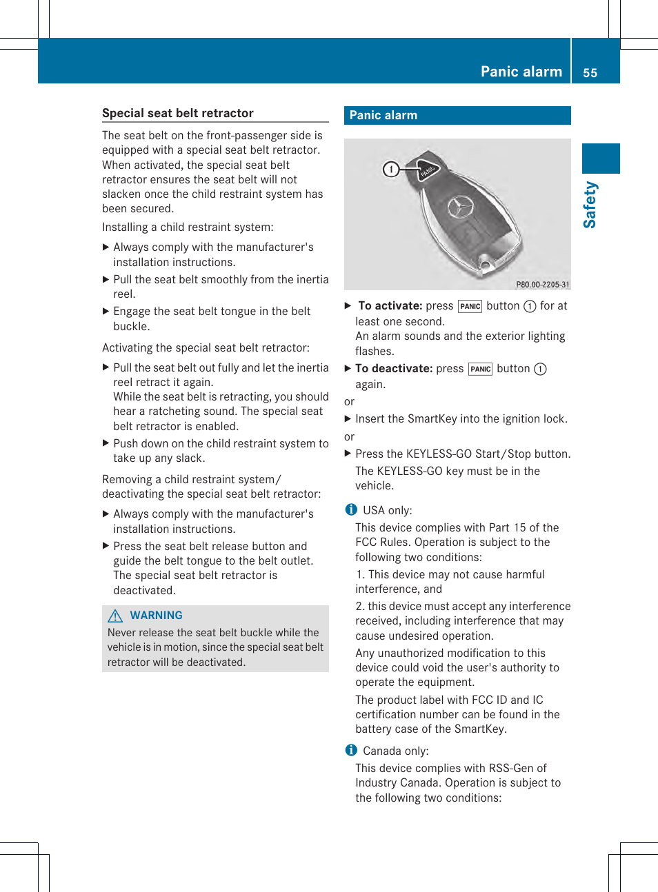 Saf ety, Panic alarm | Mercedes-Benz SLK-Class 2012 Owners Manual User Manual | Page 57 / 334