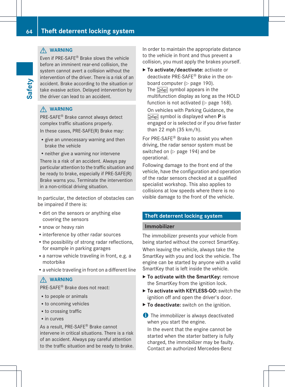 Safety, Theft deterrent locking system | Mercedes-Benz SLK-Class 2012 Owners Manual User Manual | Page 66 / 334