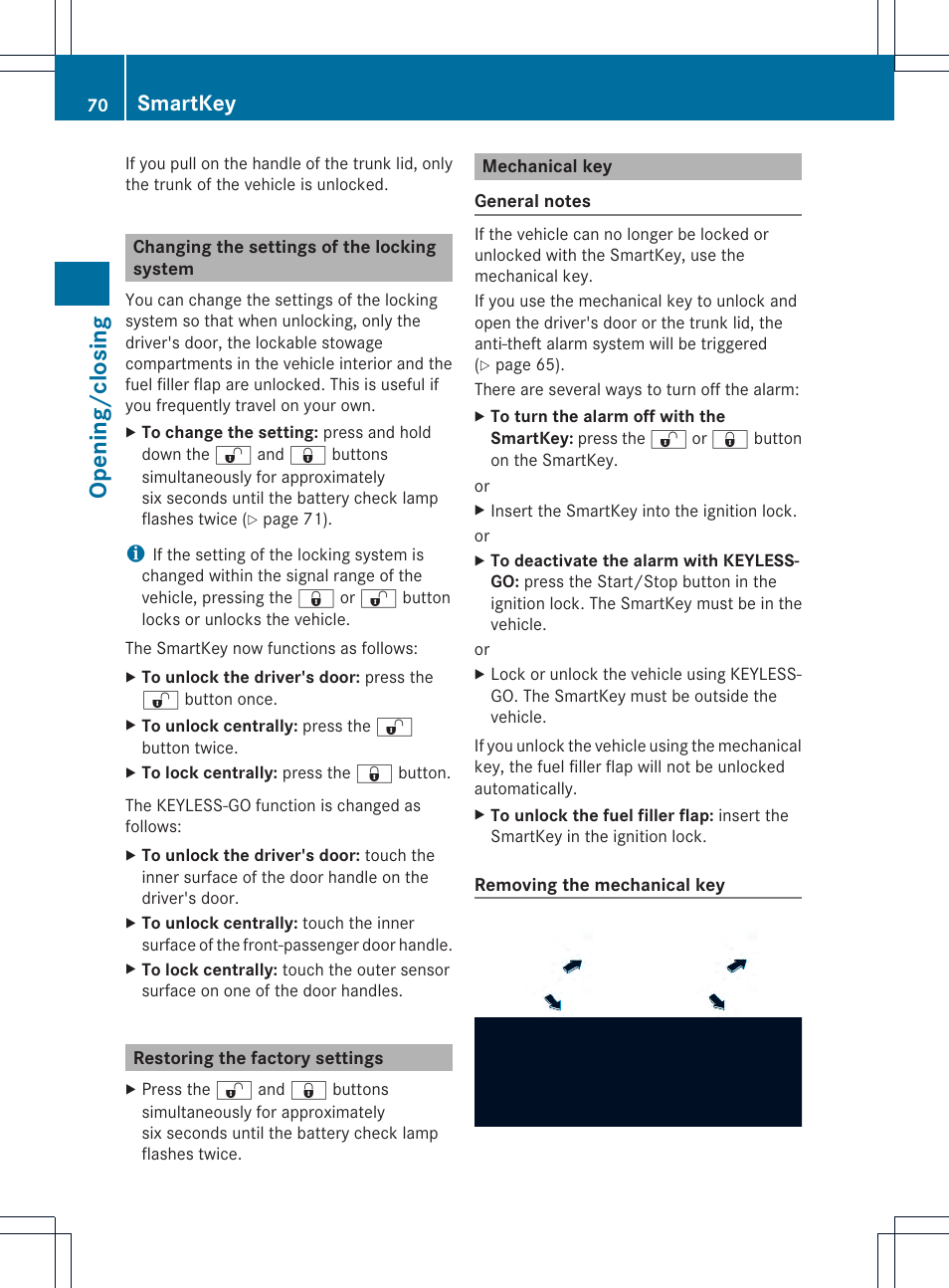 Opening/closing, Smartkey | Mercedes-Benz SLK-Class 2012 Owners Manual User Manual | Page 72 / 334