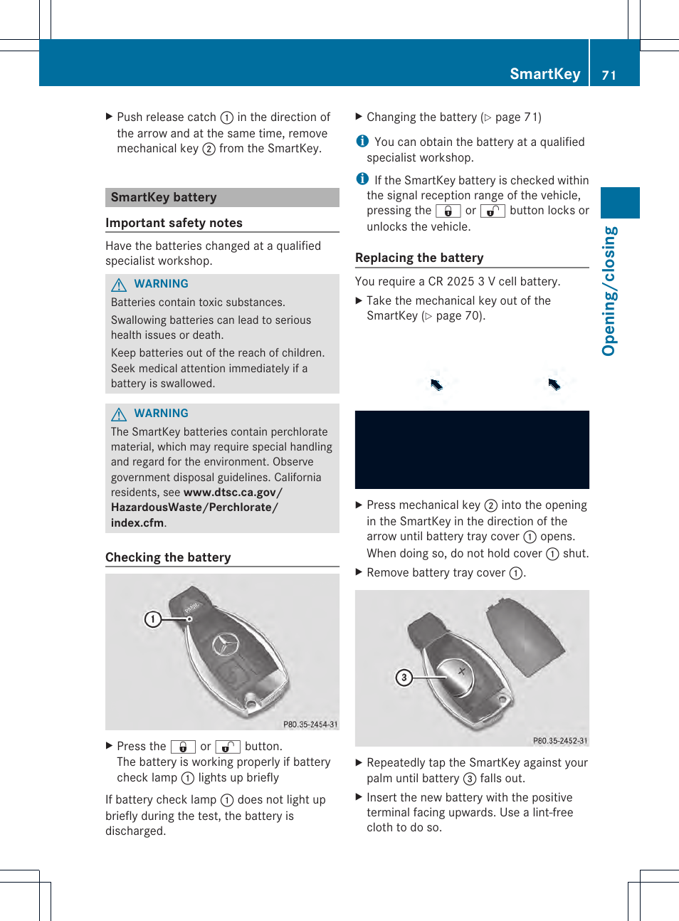 Opening/closing, Smartkey | Mercedes-Benz SLK-Class 2012 Owners Manual User Manual | Page 73 / 334