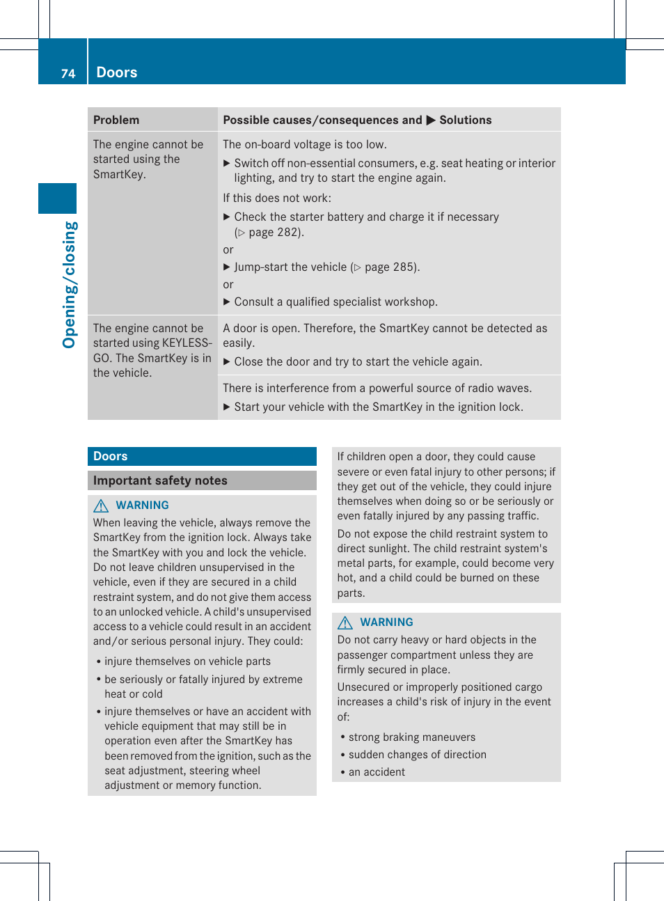 Ope ni ng /c lo si ng, Doors | Mercedes-Benz SLK-Class 2012 Owners Manual User Manual | Page 76 / 334