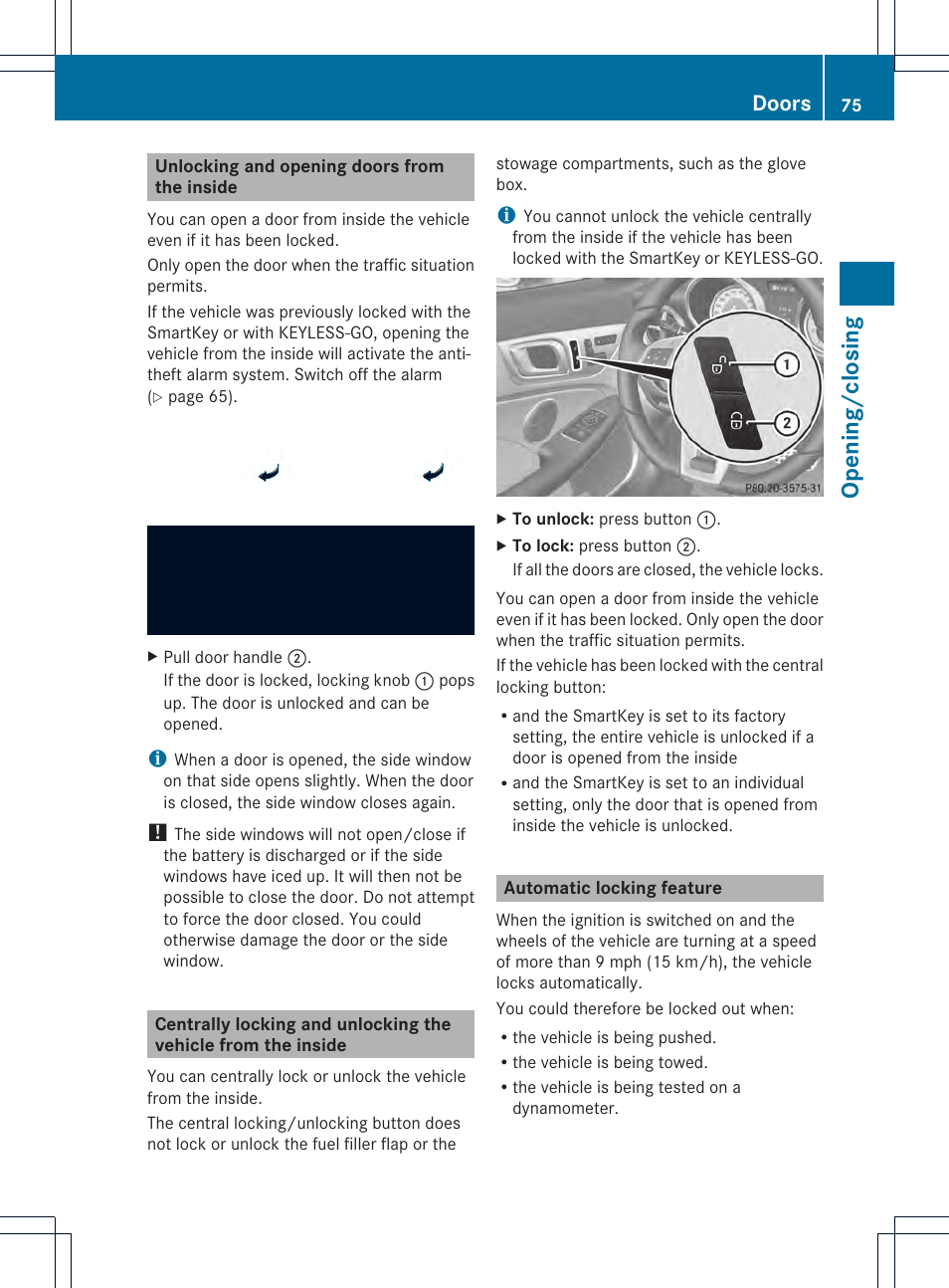 Opening/closing, Doors | Mercedes-Benz SLK-Class 2012 Owners Manual User Manual | Page 77 / 334