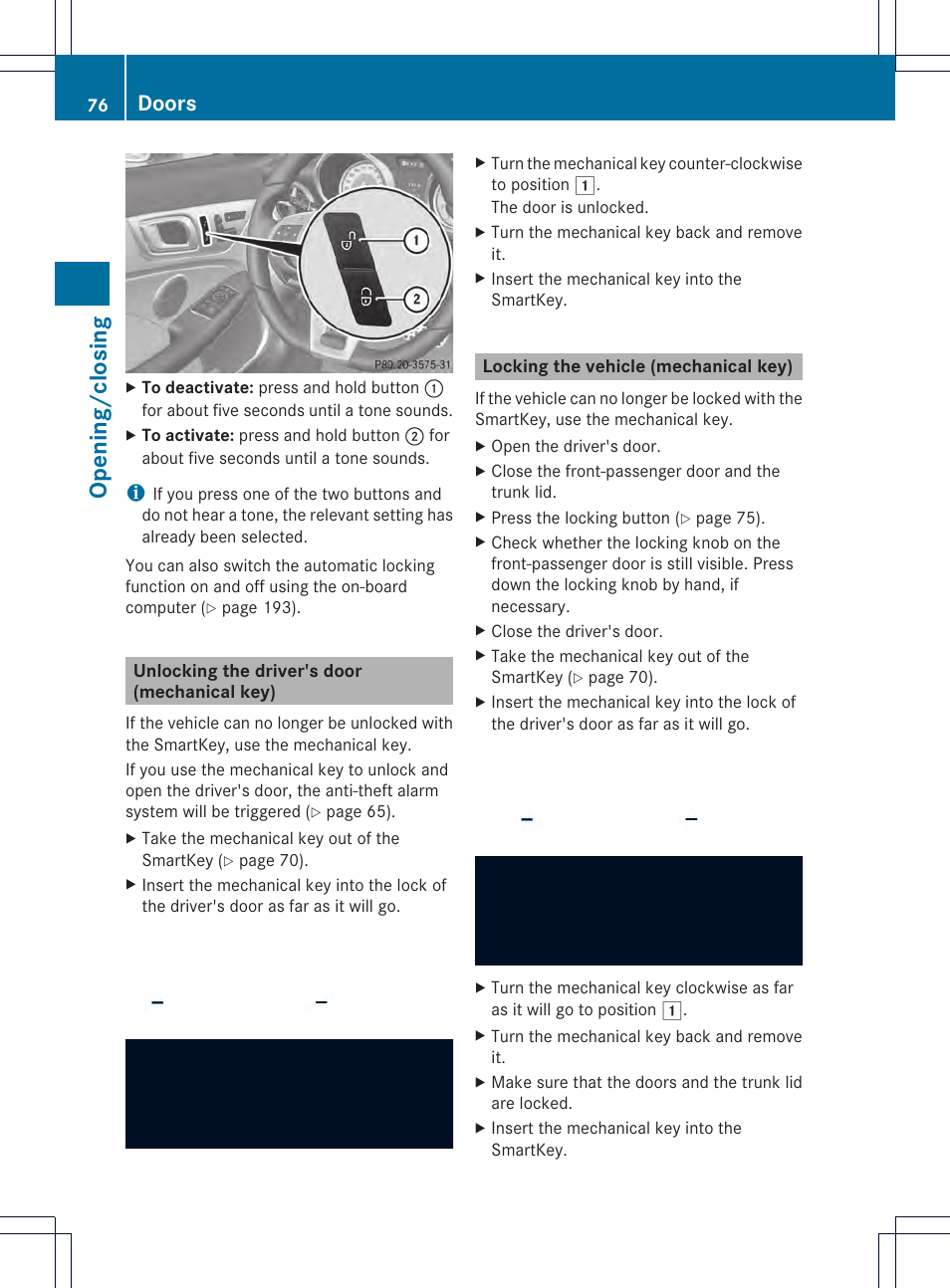 Opening/closing, Doors | Mercedes-Benz SLK-Class 2012 Owners Manual User Manual | Page 78 / 334