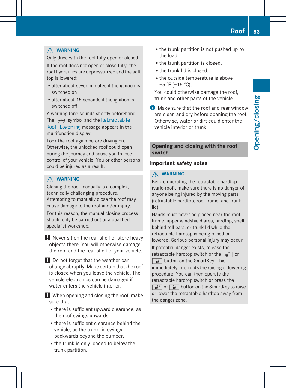 Opening/c losing, Roof | Mercedes-Benz SLK-Class 2012 Owners Manual User Manual | Page 85 / 334