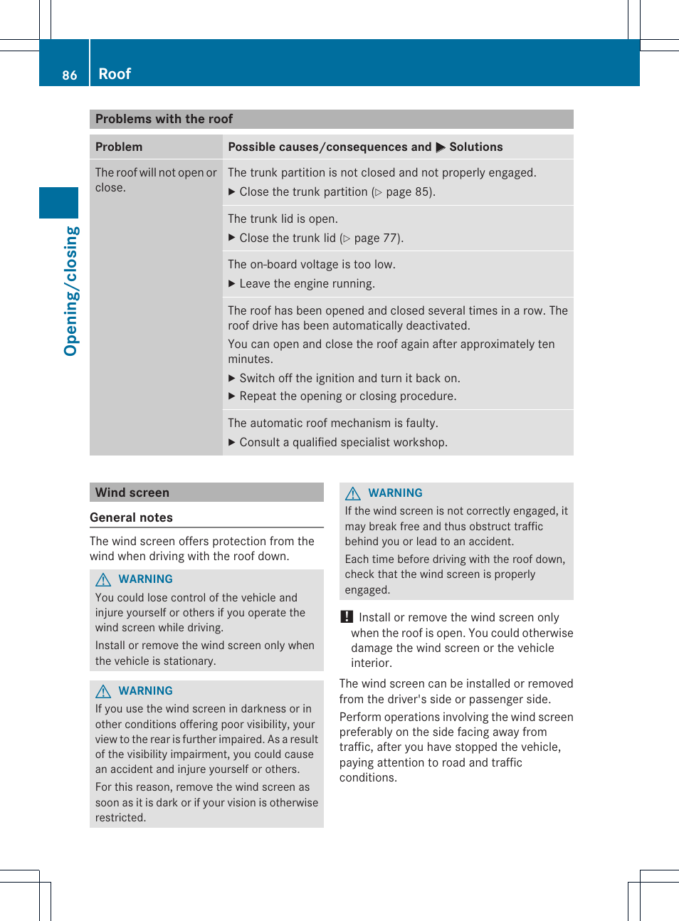 Opening/c losing, Roof | Mercedes-Benz SLK-Class 2012 Owners Manual User Manual | Page 88 / 334