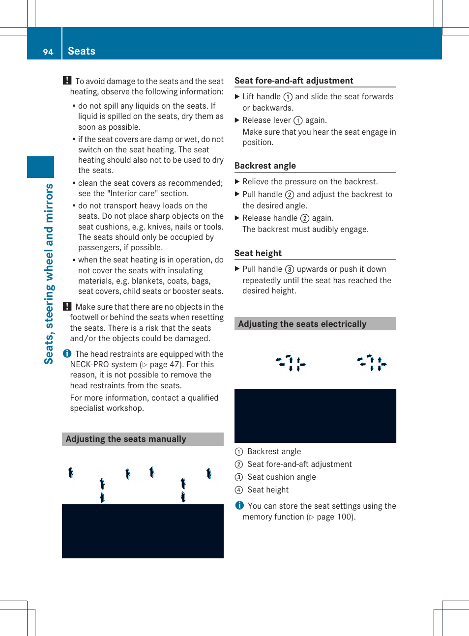 Seats, steering wheel and mirrors, Seats | Mercedes-Benz SLK-Class 2012 Owners Manual User Manual | Page 96 / 334