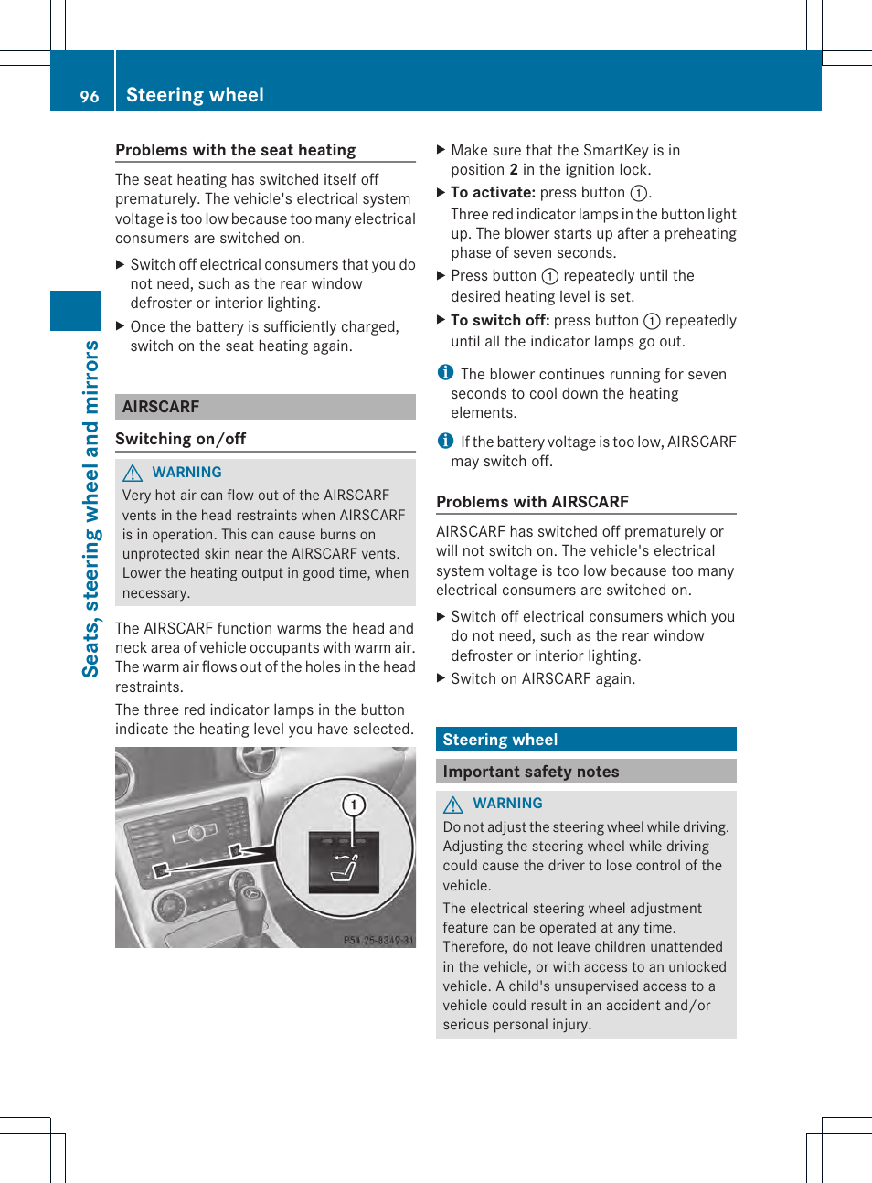 Seats, steering wheel and mirrors, Steering wheel | Mercedes-Benz SLK-Class 2012 Owners Manual User Manual | Page 98 / 334