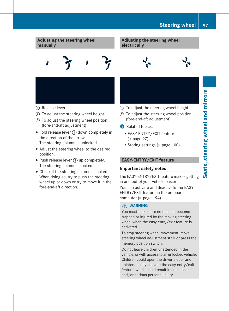 Seats, steering wheel and mirrors, Steering wheel | Mercedes-Benz SLK-Class 2012 Owners Manual User Manual | Page 99 / 334
