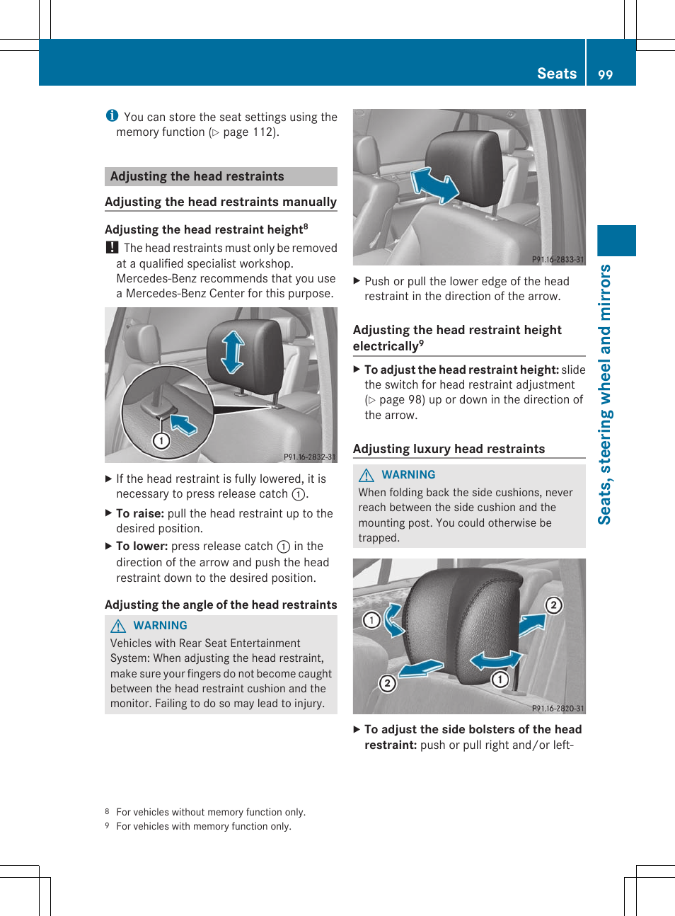 Adjusting the head restraints, Seats, steering wheel and mirrors, Seats | Mercedes-Benz R-Class 2012 Owners Manual User Manual | Page 101 / 368