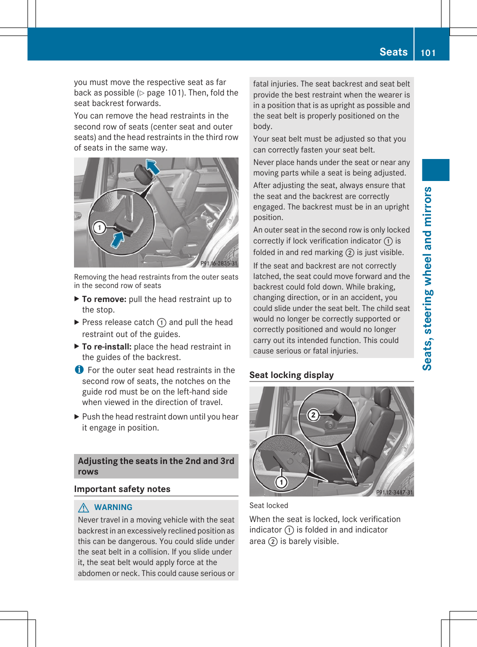 Adjusting the seats in the 2nd and 3rd rows, Seats, steering wheel and mirrors, Seats | Mercedes-Benz R-Class 2012 Owners Manual User Manual | Page 103 / 368
