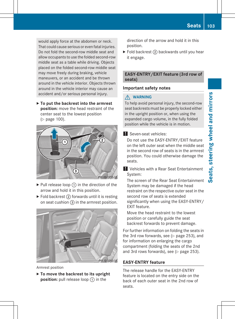 Easy-entry/exit feature (3rd row of seats), Seats, steering wheel and mirrors, Seats | Mercedes-Benz R-Class 2012 Owners Manual User Manual | Page 105 / 368