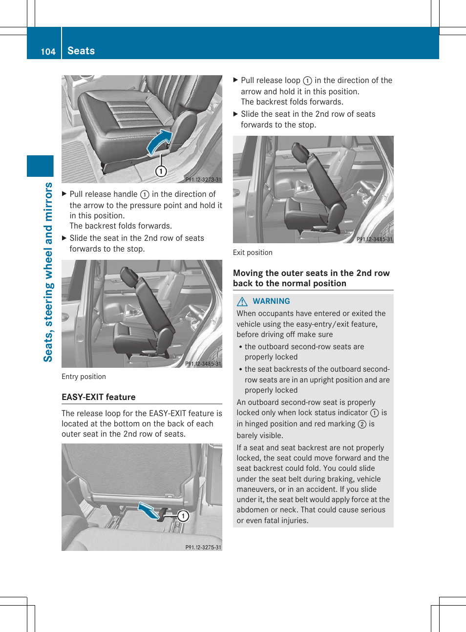 Seats, steering wheel and mirrors, Seats | Mercedes-Benz R-Class 2012 Owners Manual User Manual | Page 106 / 368