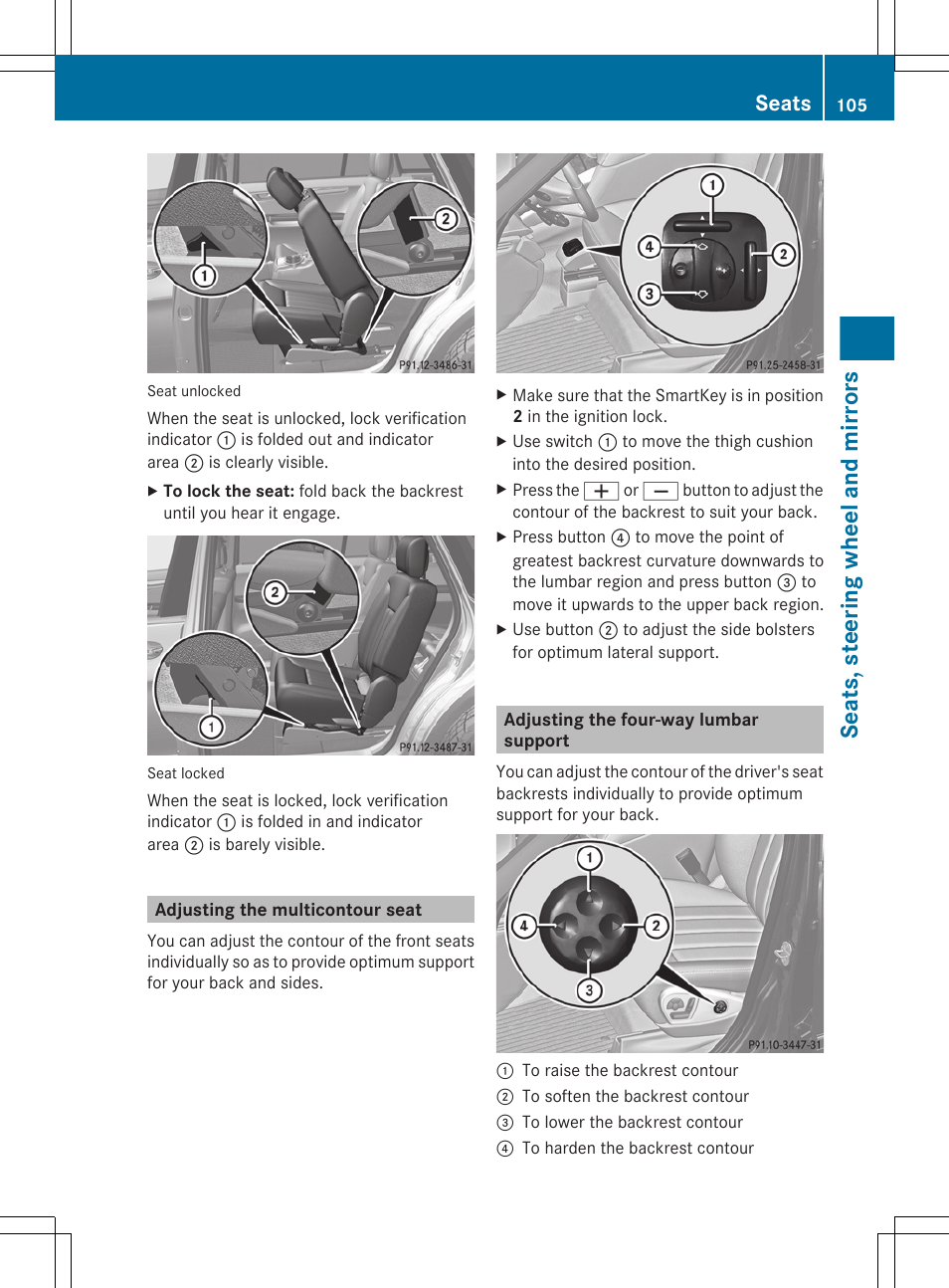 Adjusting the multicontour seat, Adjusting the four-way lumbar support, Seats, steering wheel and mirrors | Seats | Mercedes-Benz R-Class 2012 Owners Manual User Manual | Page 107 / 368