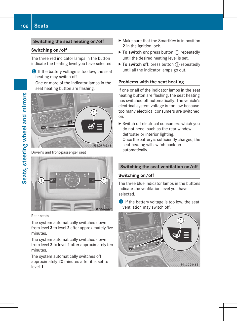 Switching the seat heating on/off, Switching the seat ventilation on/off, Seats, steering wheel and mirrors | Seats | Mercedes-Benz R-Class 2012 Owners Manual User Manual | Page 108 / 368