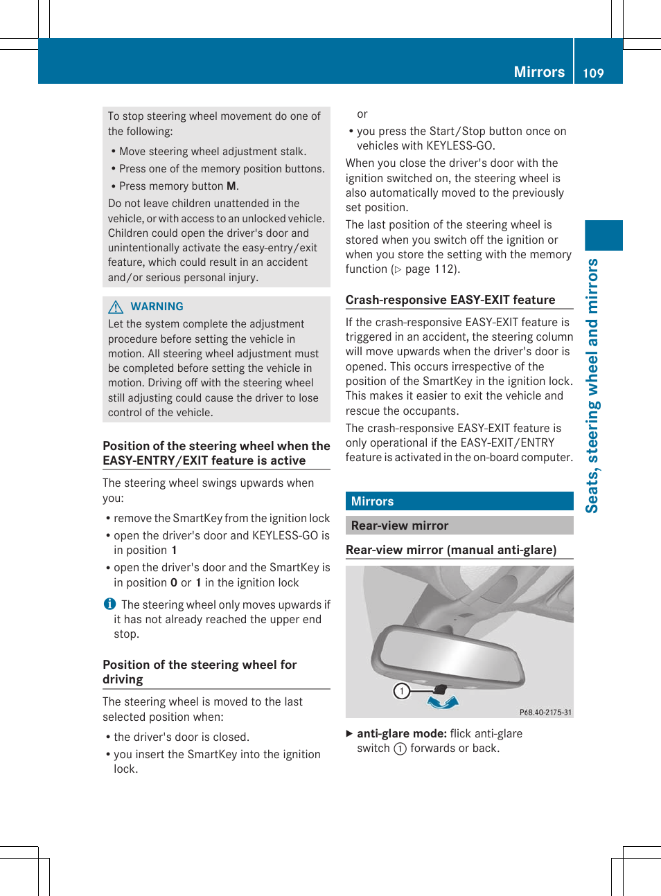 Mirrors, Rear-view mirror, Seats, steering wheel and mirrors | Mercedes-Benz R-Class 2012 Owners Manual User Manual | Page 111 / 368