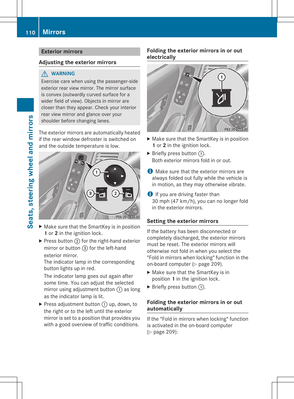 Exterior mirrors, Seats, steering wheel and mirrors, Mirrors | Mercedes-Benz R-Class 2012 Owners Manual User Manual | Page 112 / 368