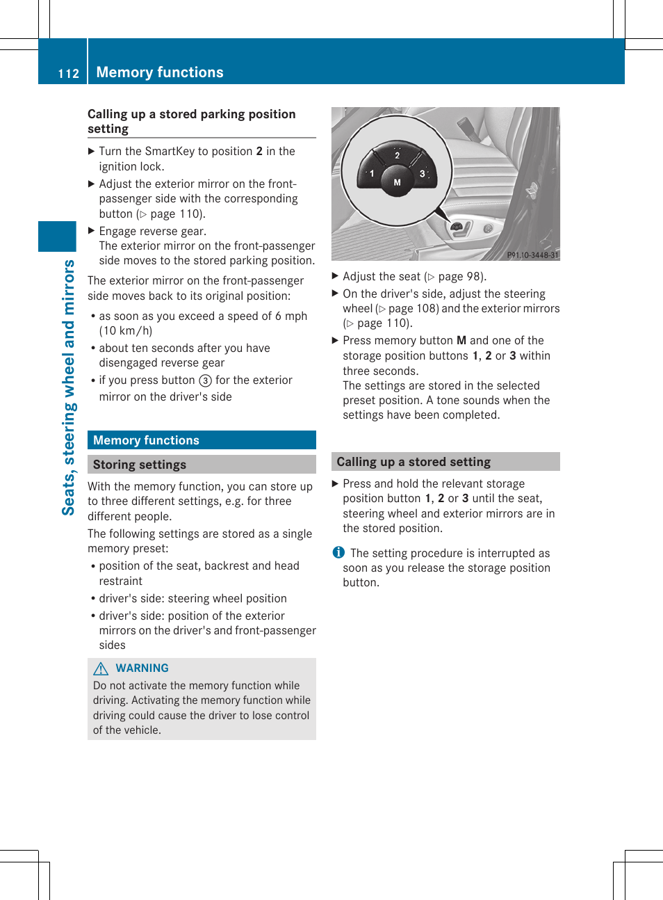 Memory functions, Storing settings, Calling up a stored setting | Settings, Memory function, Seats, steering wheel and mirrors | Mercedes-Benz R-Class 2012 Owners Manual User Manual | Page 114 / 368