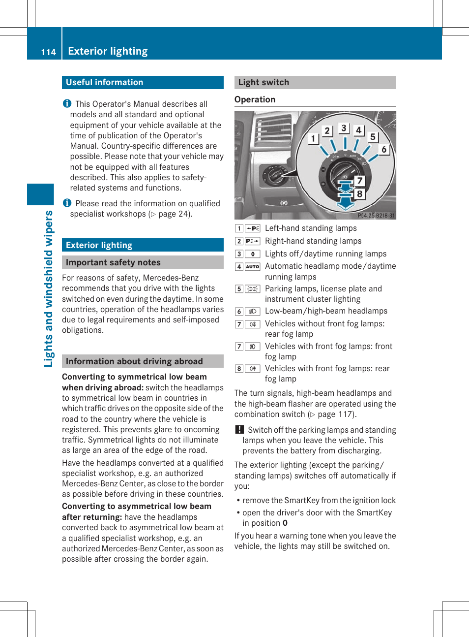 Lights and windshield wipers, Useful information, Exterior lighting | Important safety notes, Information about driving abroad, Light switch | Mercedes-Benz R-Class 2012 Owners Manual User Manual | Page 116 / 368