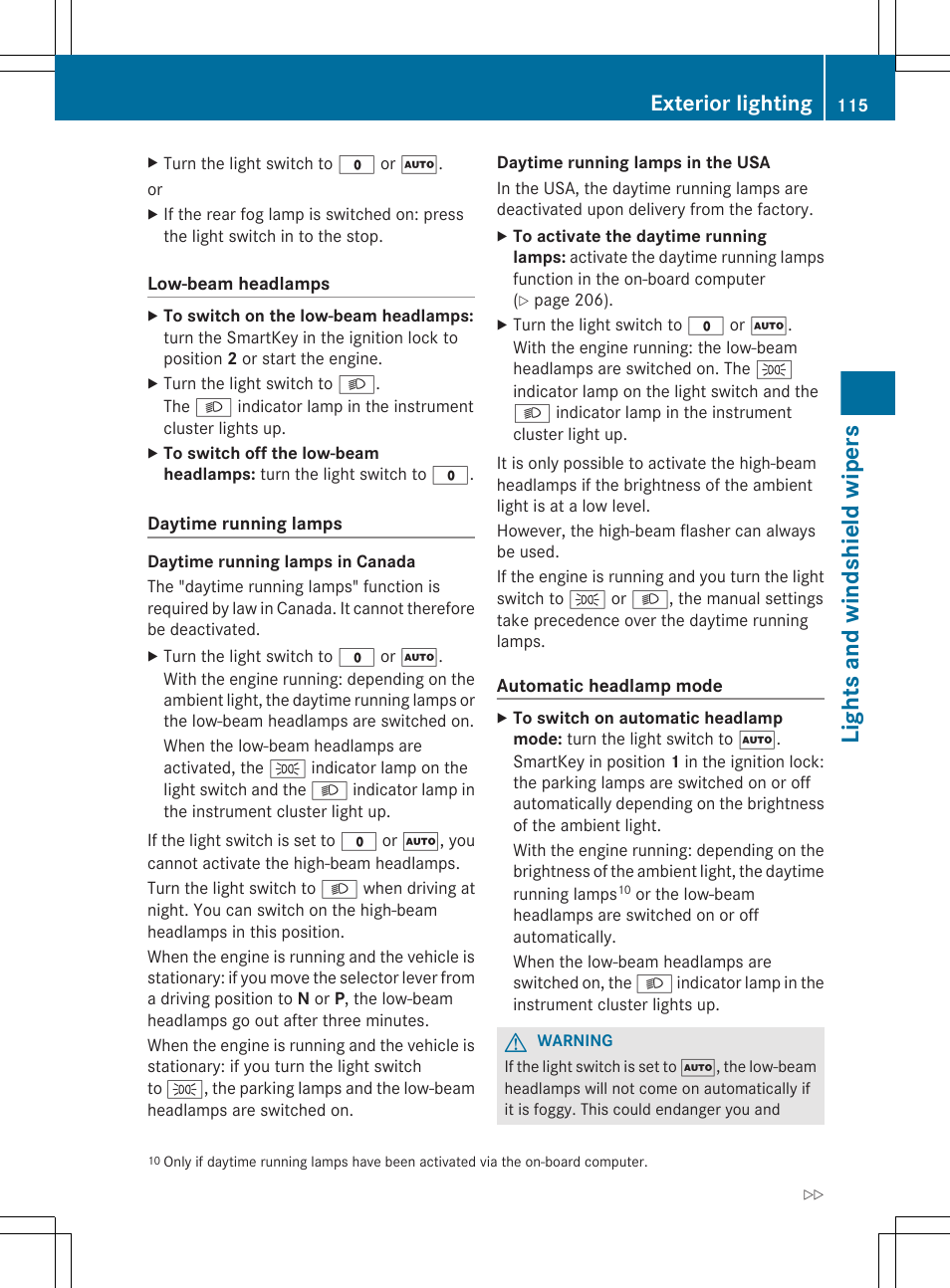 Lights and windshield wipers, Exterior lighting | Mercedes-Benz R-Class 2012 Owners Manual User Manual | Page 117 / 368