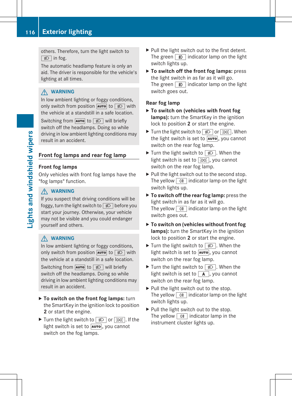 Lights and windshield wipers, Exterior lighting | Mercedes-Benz R-Class 2012 Owners Manual User Manual | Page 118 / 368