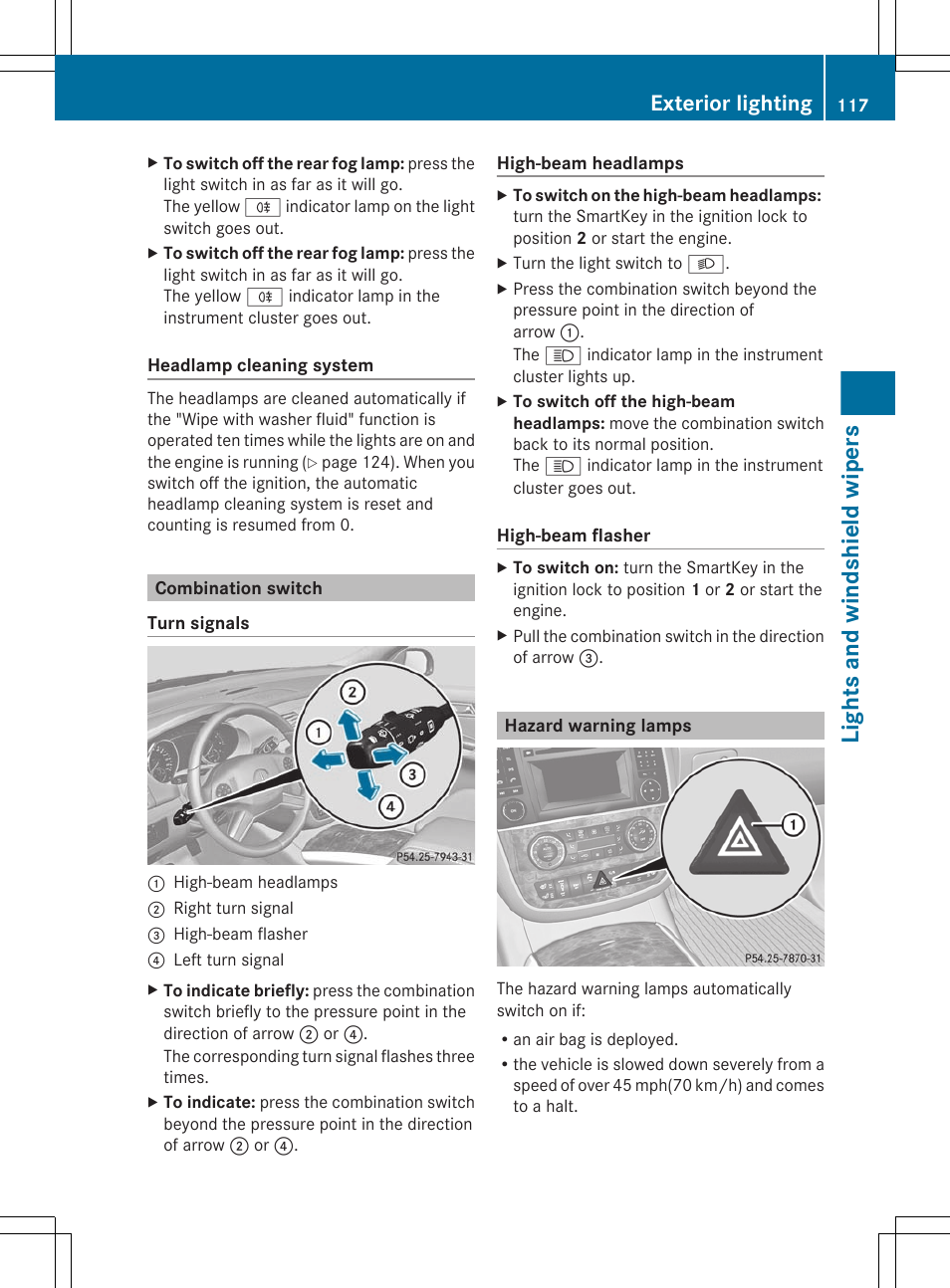 Combination switch, Hazard warning lamps, Lights and windshield wipers | Exterior lighting | Mercedes-Benz R-Class 2012 Owners Manual User Manual | Page 119 / 368