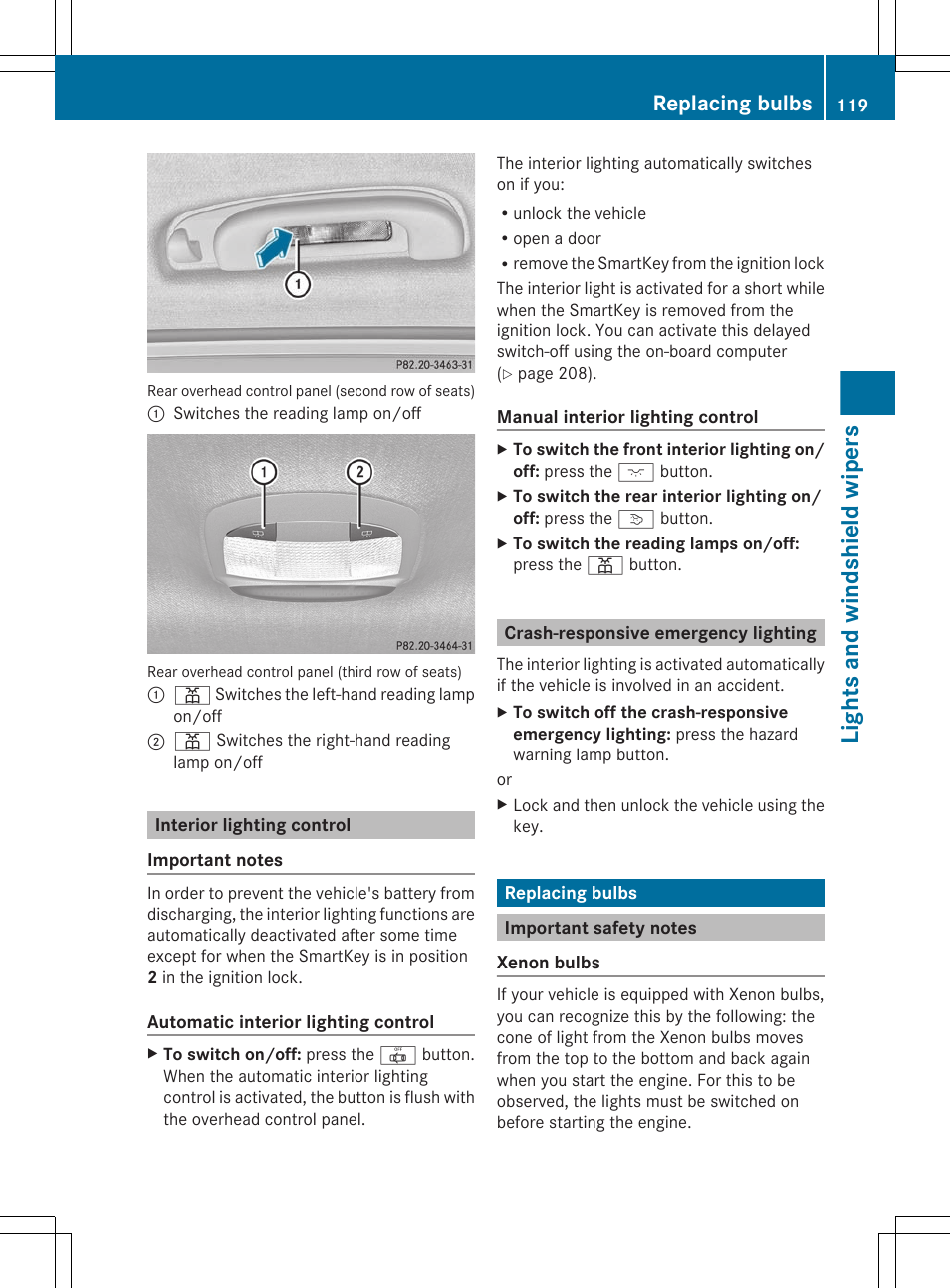 Interior lighting control, Crash-responsive emergency lighting, Replacing bulbs | Important safety notes, Lights and windshield wipers | Mercedes-Benz R-Class 2012 Owners Manual User Manual | Page 121 / 368