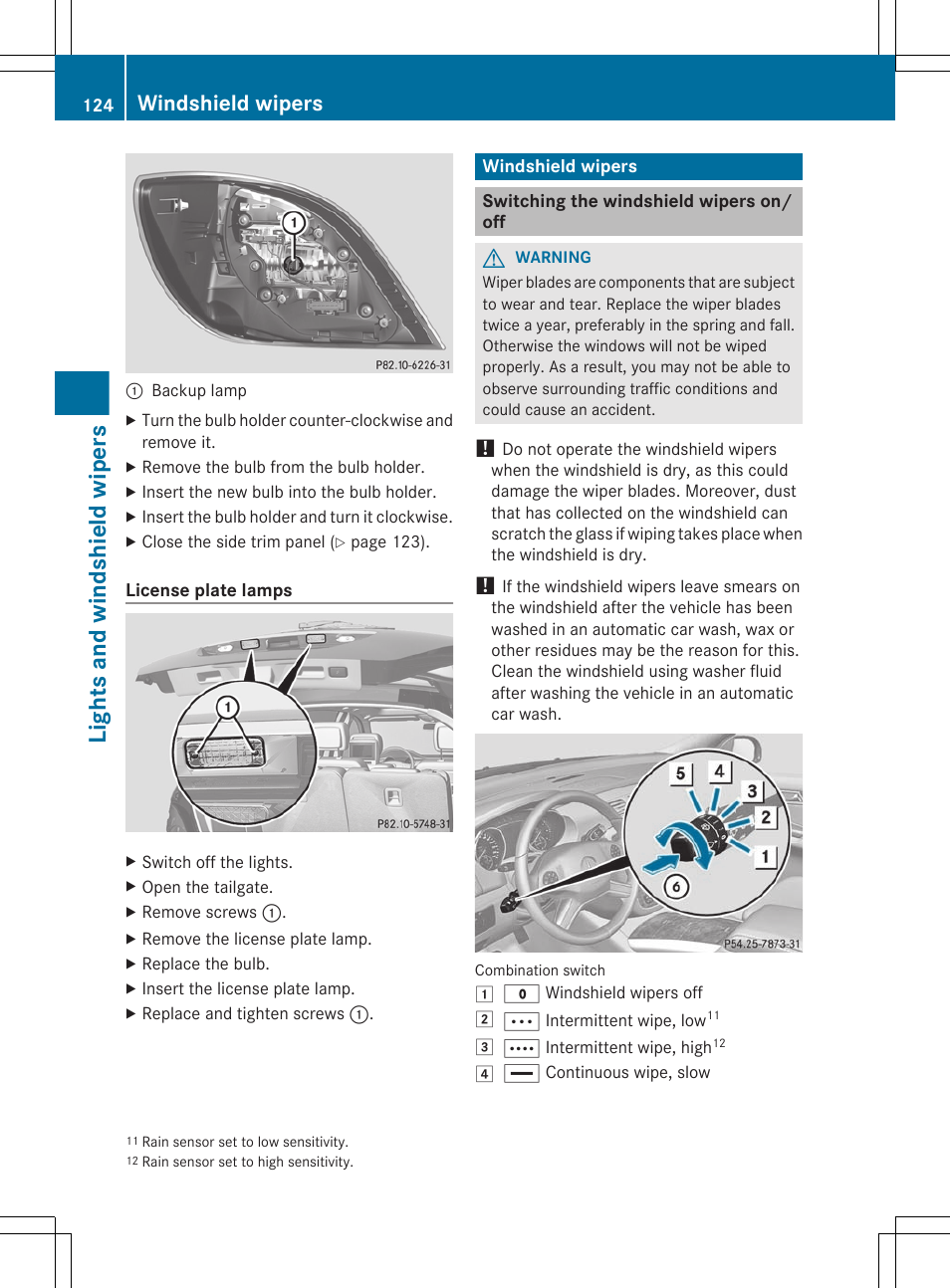 Windshield wipers, Switching the windshield wipers on/off, Lights and windshield wipers | Mercedes-Benz R-Class 2012 Owners Manual User Manual | Page 126 / 368