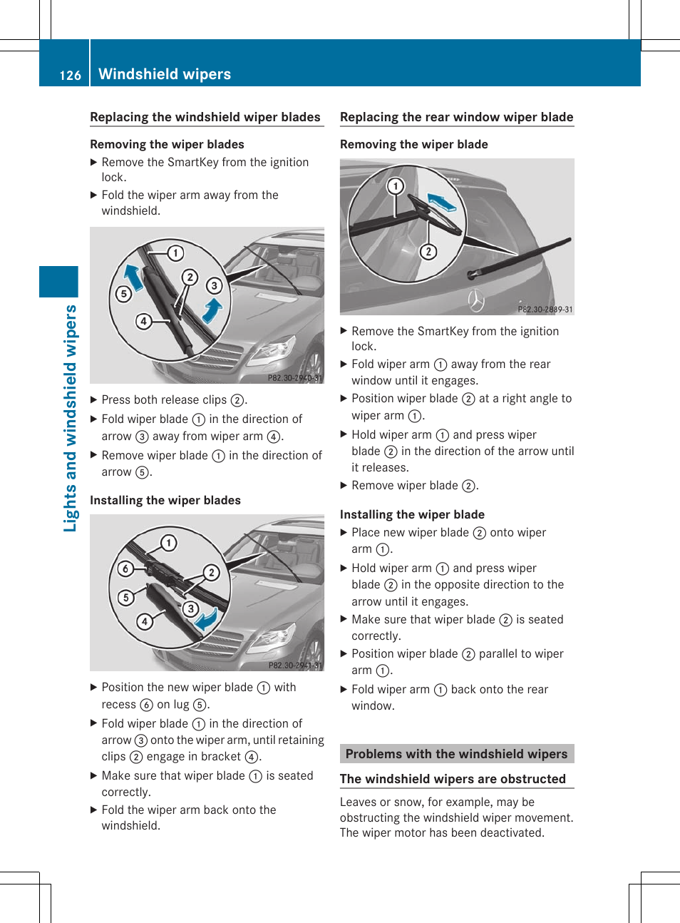 Problems with the windshield wipers, Lights and windshield wipers, Windshield wipers | Mercedes-Benz R-Class 2012 Owners Manual User Manual | Page 128 / 368