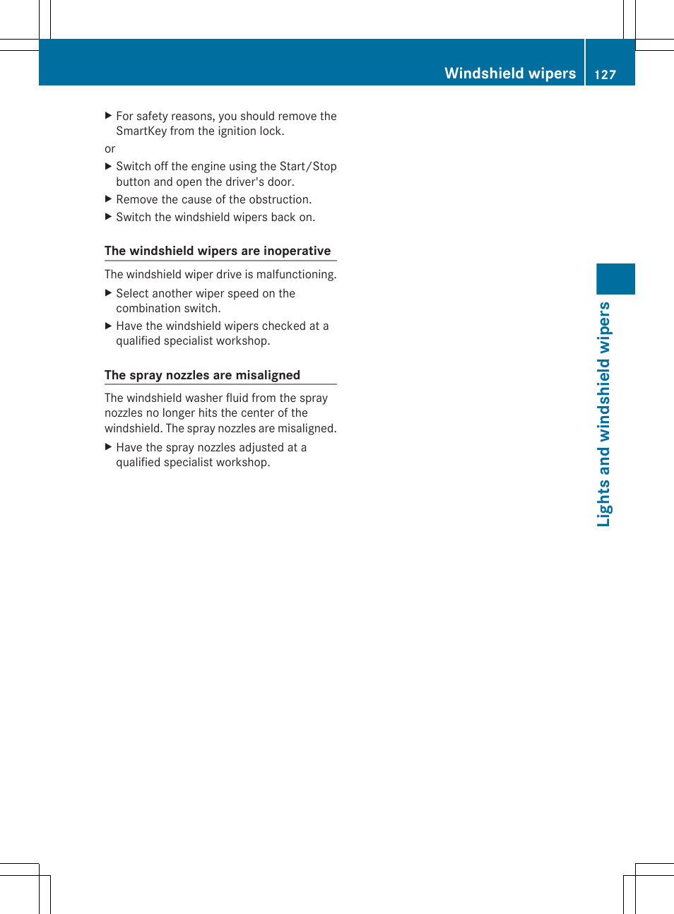 Lights and windshield wipers, Windshield wipers | Mercedes-Benz R-Class 2012 Owners Manual User Manual | Page 129 / 368
