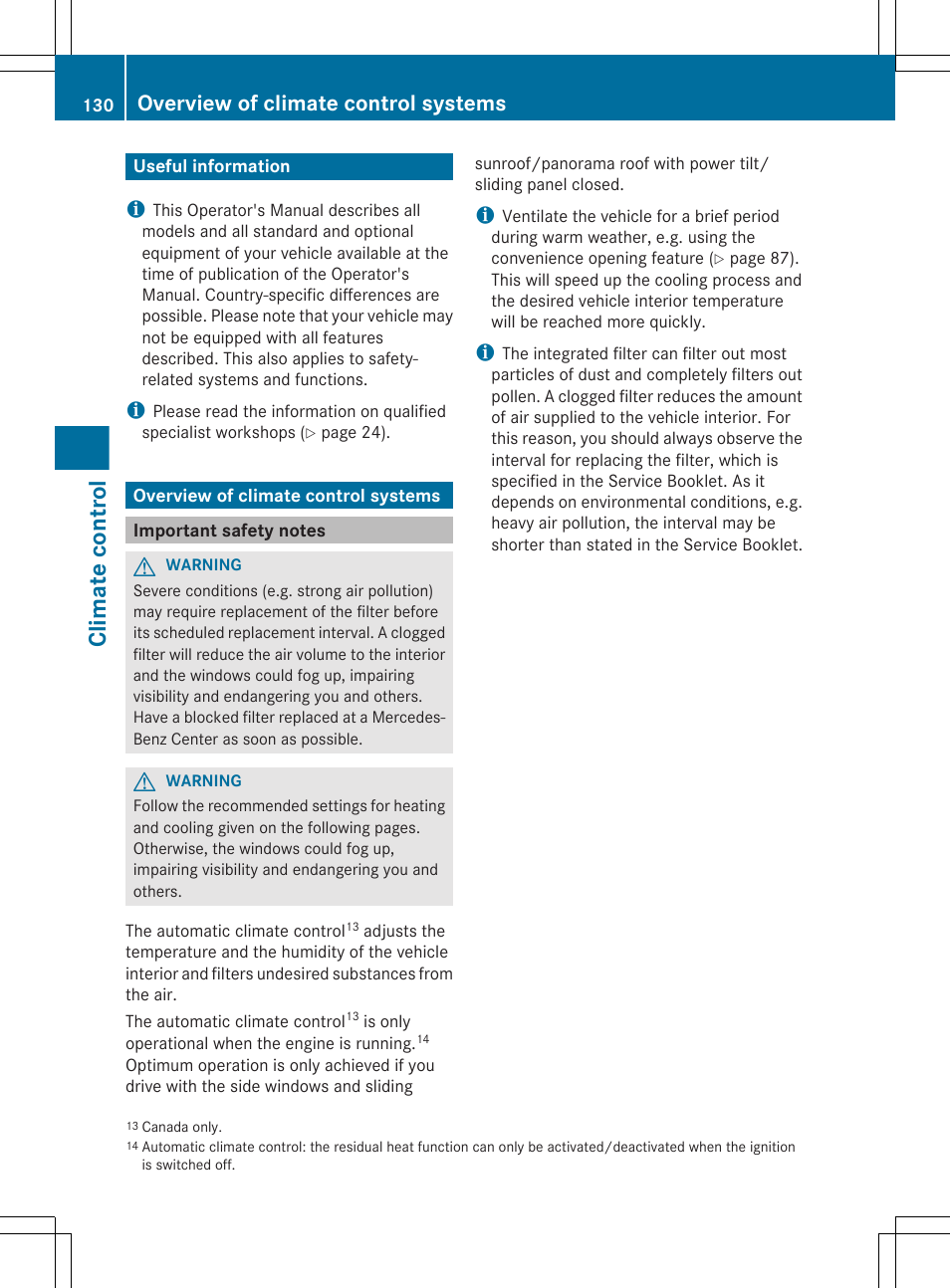 Climate control, Useful information, Overview of climate control systems | Important safety notes | Mercedes-Benz R-Class 2012 Owners Manual User Manual | Page 132 / 368