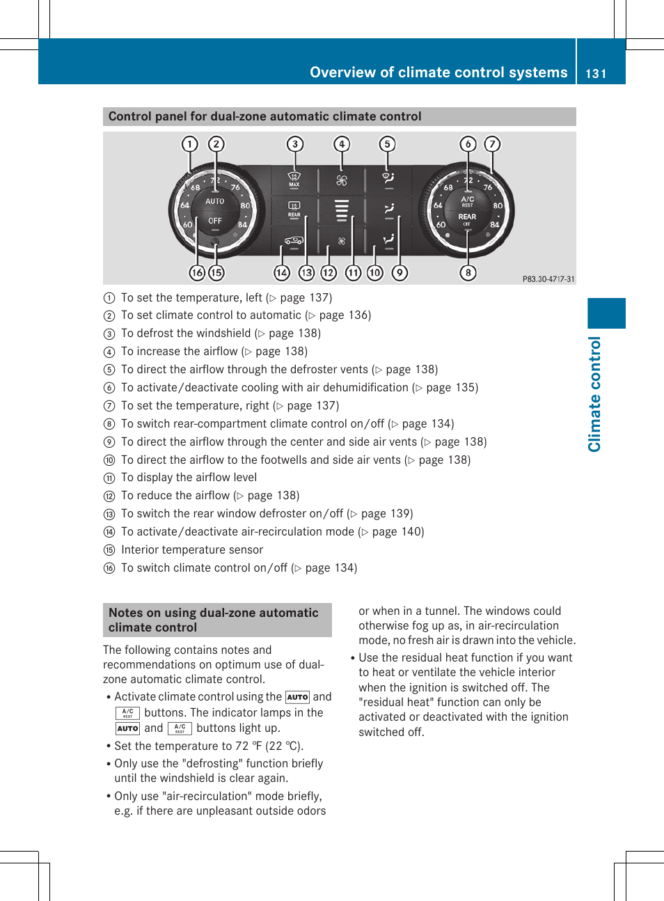 Notes on using dual-zone automatic climate control, Climate control, Overview of climate control systems | Mercedes-Benz R-Class 2012 Owners Manual User Manual | Page 133 / 368