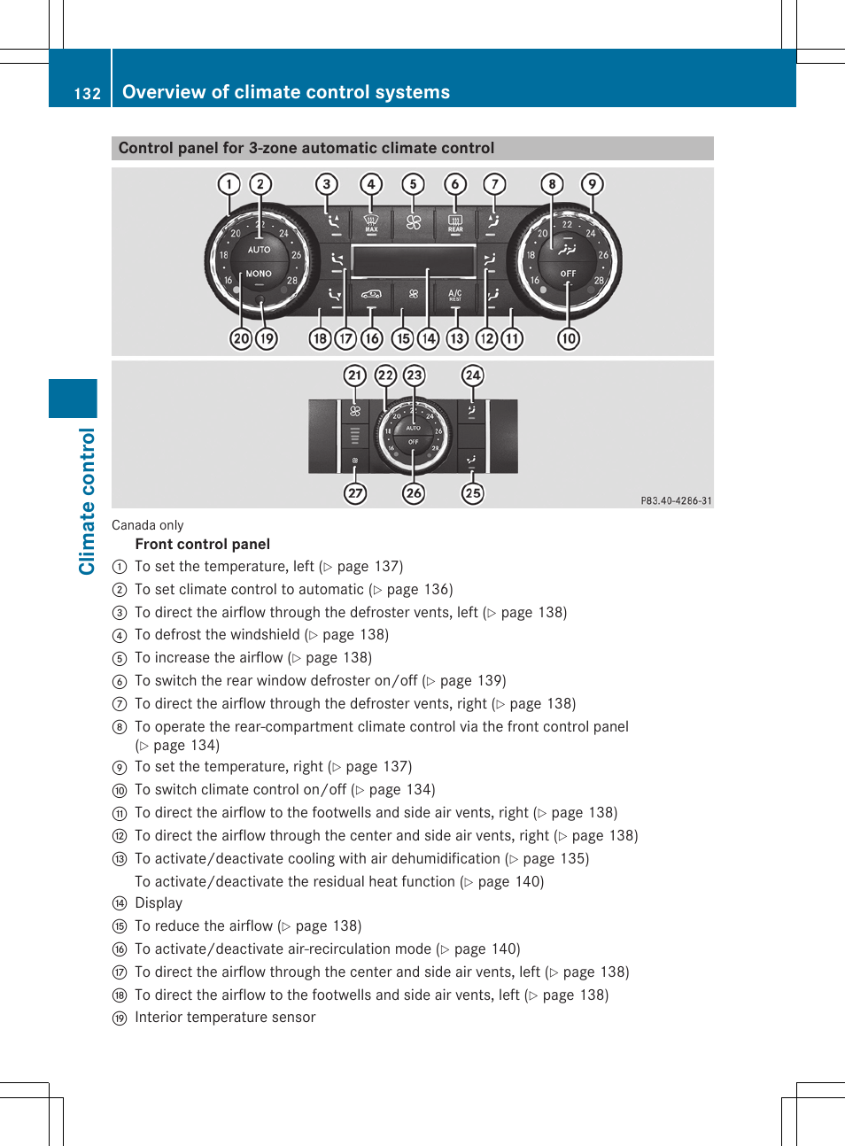 Control panel for 3-zone automatic climate control, Climate control, Overview of climate control systems | Mercedes-Benz R-Class 2012 Owners Manual User Manual | Page 134 / 368