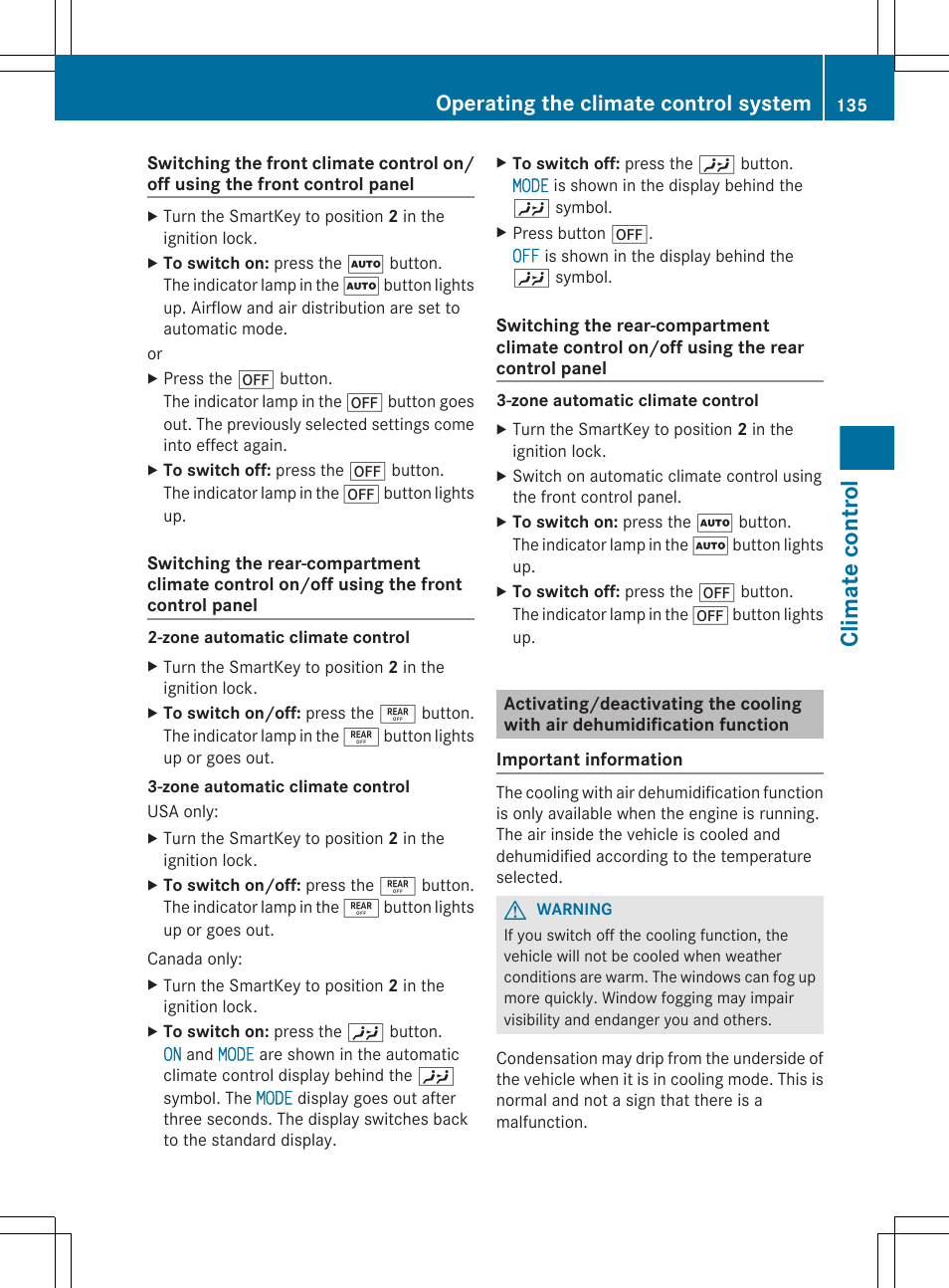 Climate control, Operating the climate control system | Mercedes-Benz R-Class 2012 Owners Manual User Manual | Page 137 / 368