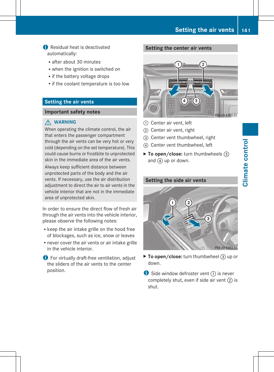 Setting the air vents, Important safety notes, Setting the center air vents | Setting the side air vents, Climate control | Mercedes-Benz R-Class 2012 Owners Manual User Manual | Page 143 / 368