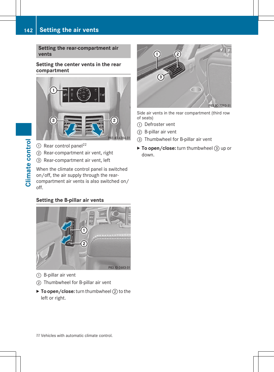 Setting the rear-compartment air vents, Climate control, Setting the air vents | Mercedes-Benz R-Class 2012 Owners Manual User Manual | Page 144 / 368