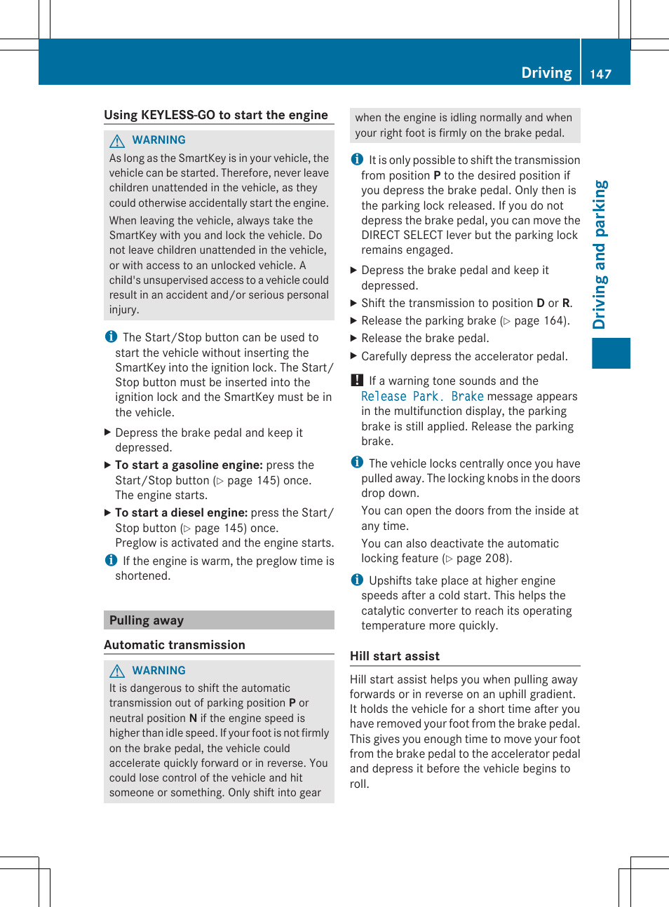 Pulling away, Driving and parking, Driving | Mercedes-Benz R-Class 2012 Owners Manual User Manual | Page 149 / 368