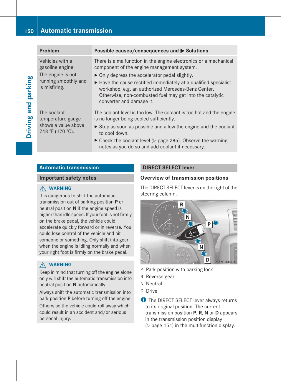 Automatic transmission, Important safety notes, Direct select lever | Driving and parking | Mercedes-Benz R-Class 2012 Owners Manual User Manual | Page 152 / 368