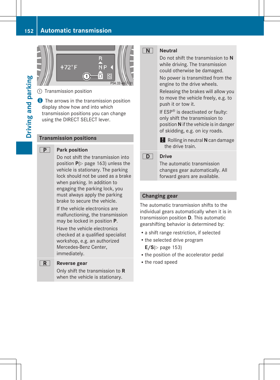 Transmission positions, Changing gear, Driving and parking | Automatic transmission | Mercedes-Benz R-Class 2012 Owners Manual User Manual | Page 154 / 368