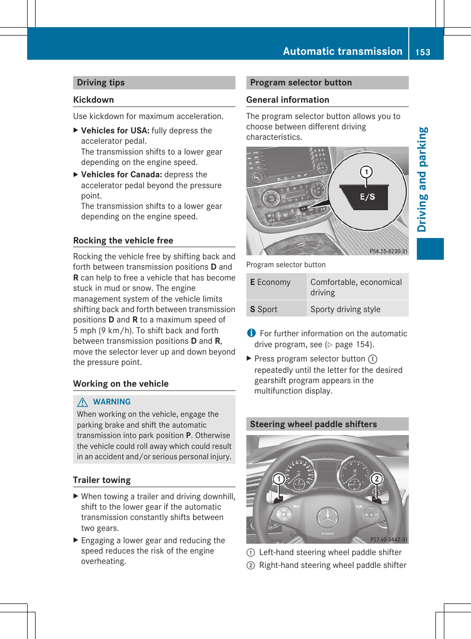 Driving tips, Program selector button, Steering wheel paddle shifters | Driving and parking, Automatic transmission | Mercedes-Benz R-Class 2012 Owners Manual User Manual | Page 155 / 368