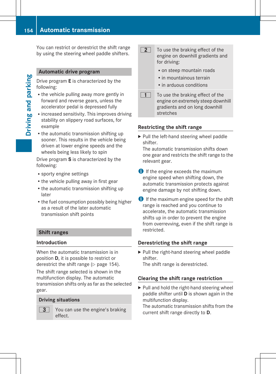 Automatic drive program, Shift ranges, Driving and parking | Automatic transmission | Mercedes-Benz R-Class 2012 Owners Manual User Manual | Page 156 / 368