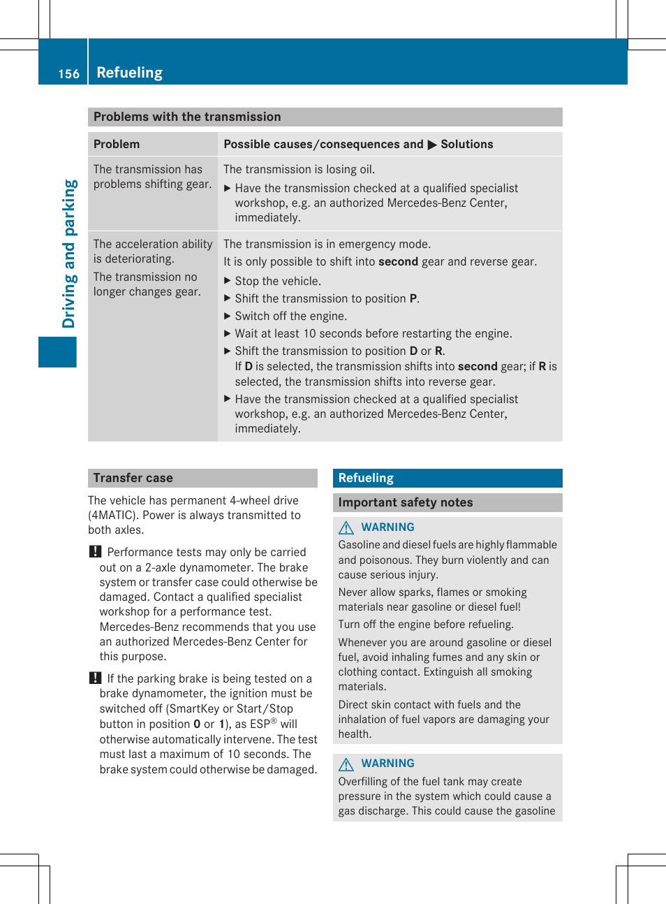 Problems with the transmission, Transfer case, Refueling | Important safety notes, Driving and parking | Mercedes-Benz R-Class 2012 Owners Manual User Manual | Page 158 / 368