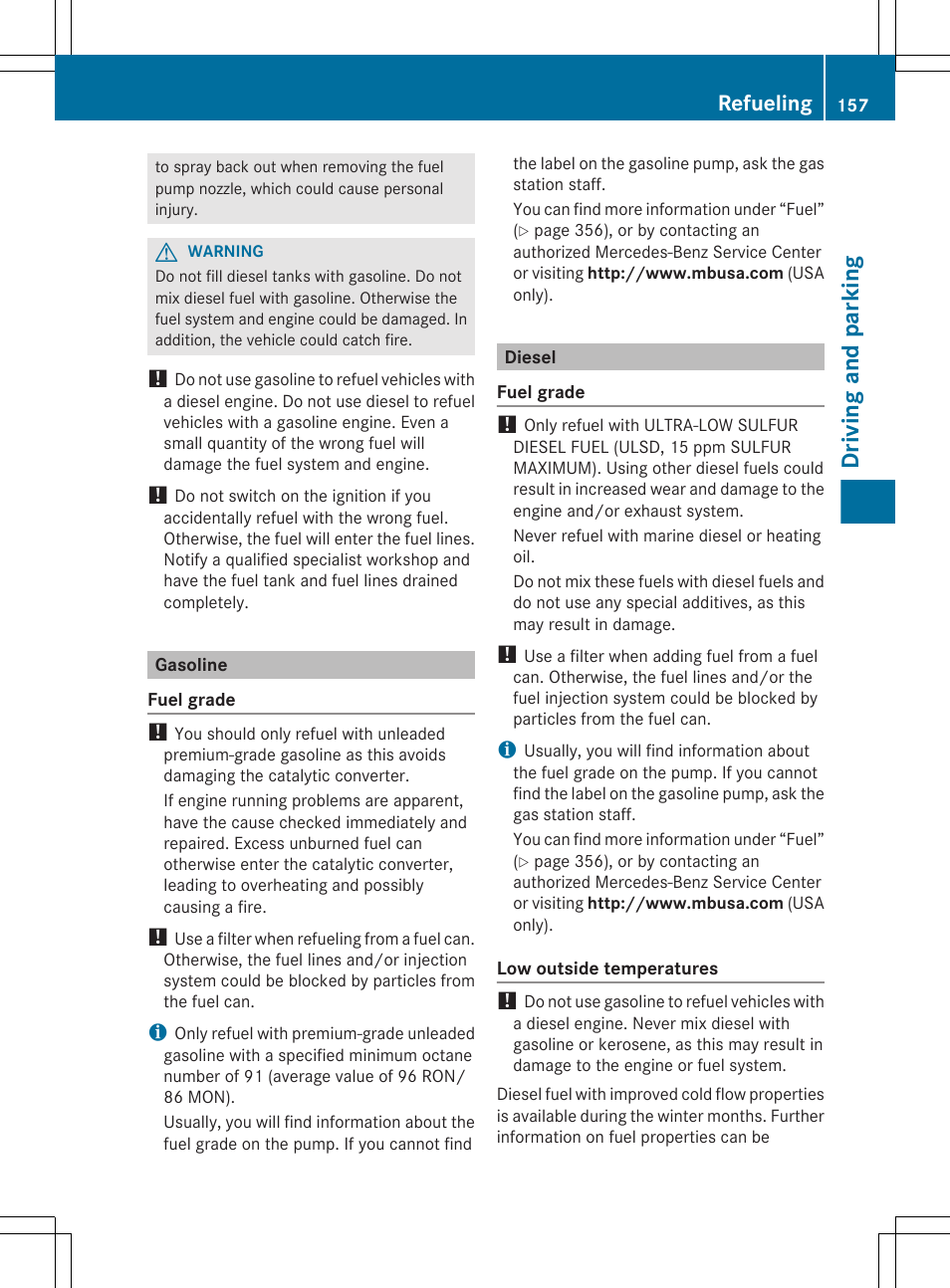 Gasoline, Diesel, Driving and parking | Refueling | Mercedes-Benz R-Class 2012 Owners Manual User Manual | Page 159 / 368